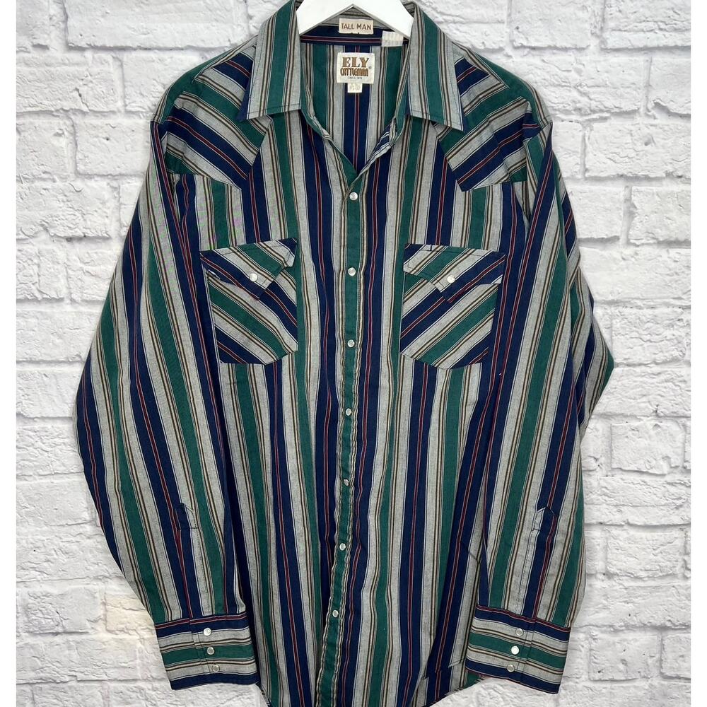 Vintage Ely Cattleman Tall Man Striped Long Sleeve Pearl Button Shirt XL Gray